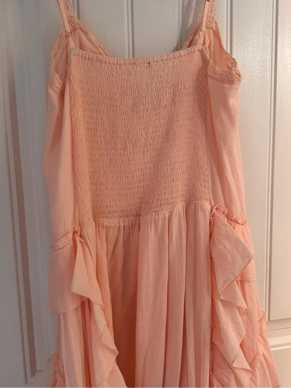 Boho Peach Ruffle Maxi Dress Lace Trim Smocked Back Festival Cottagecore - Picture 8 of 10